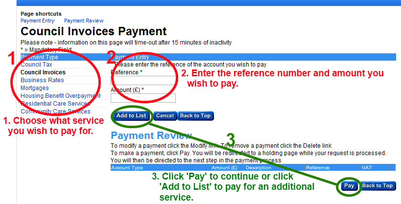 Select your payment type, enter reference number and amount, then click Pay.